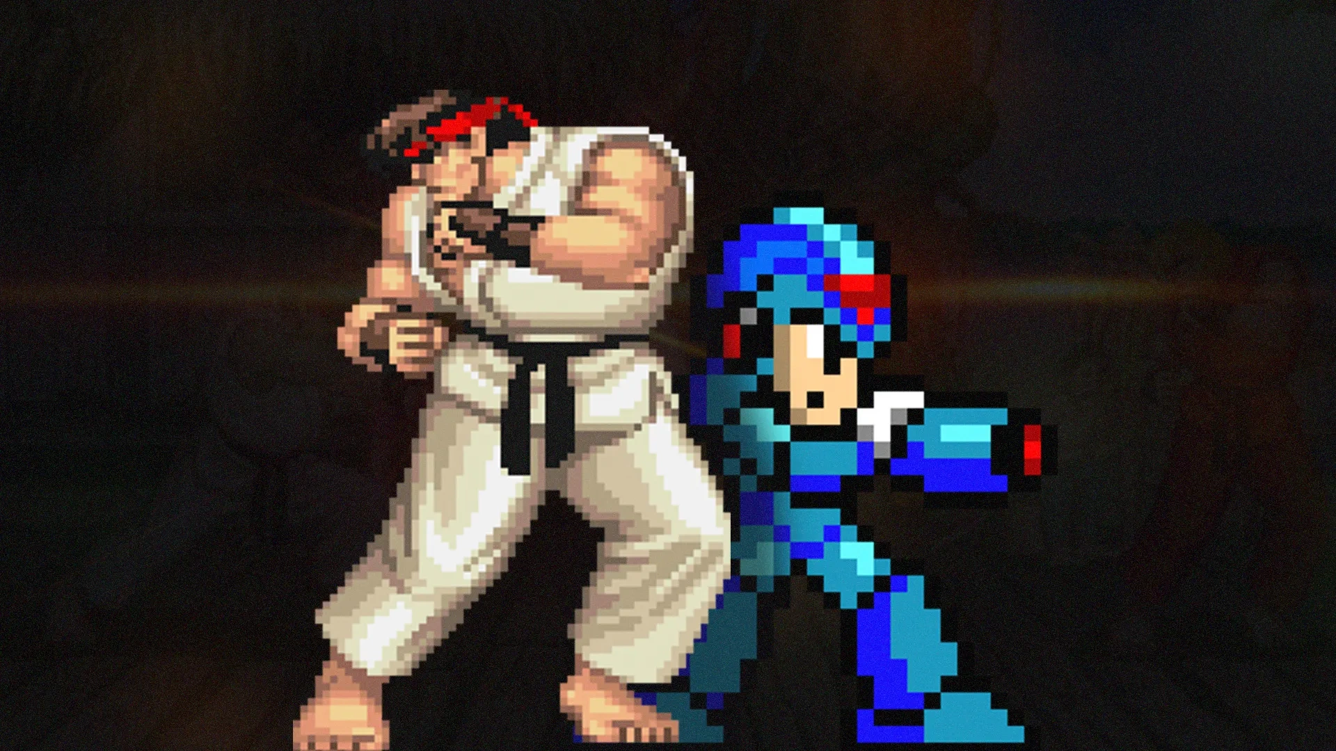 Imagem de Ryu de Street Fighter à esquerda, de costas para Megaman X, à direita