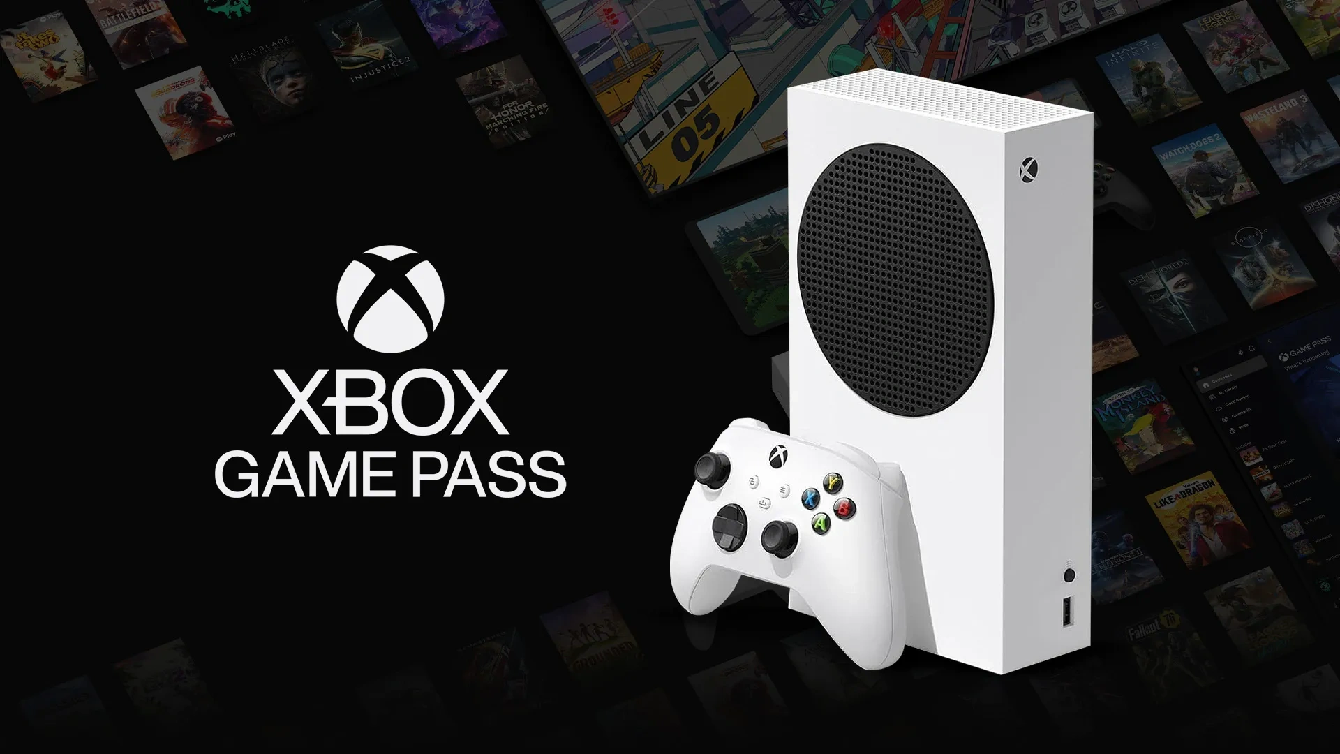 Icone do Xbox Game Pass à esquerda, e à direita o console Xbox Series S