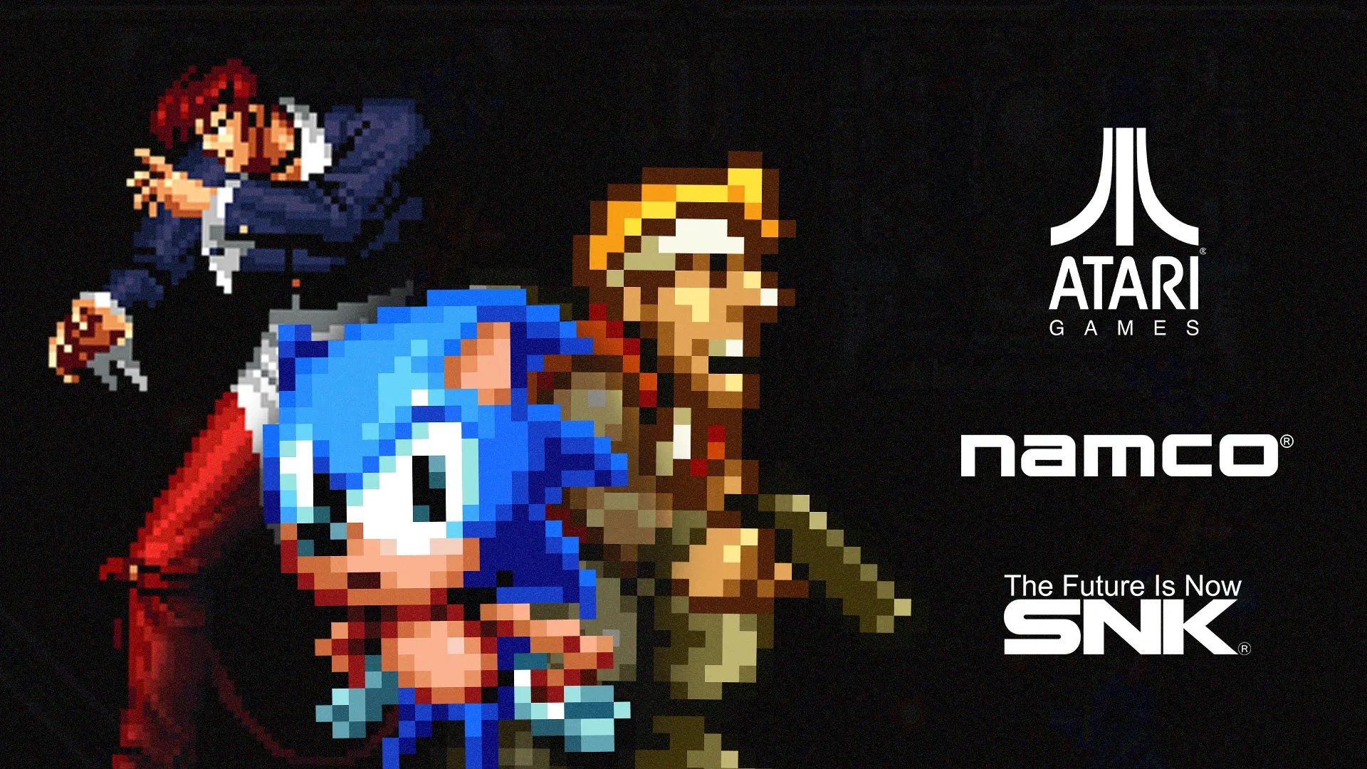 Imagem com três personagens, Iori Yagami de King of Fighters, Sonic, e Marco de Metal Slug, com os logos de três empresas ao lado direito: SNK, Namco e Atari