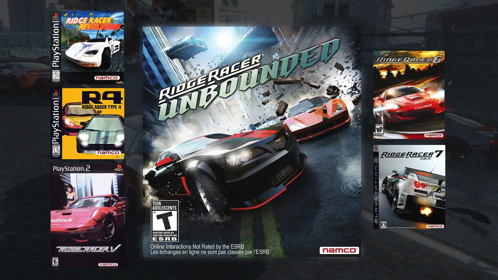 Capas dos 6 jogos do Ridge Racer, da esquerda para à direita: Ridge Racer Revolution; Ridge Raccer Type 4; Ridge Racer 5; Ridge Racer Unbonded ao centro; Ridge Racer 6 e Ridge Racer 7 