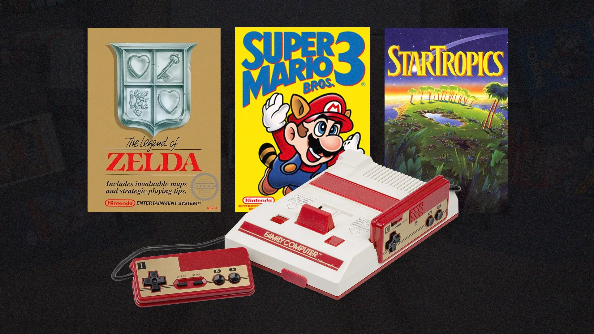 Imagem de um Famicom com três jogos atrás, The Legend of Zelda, Super Mario Bros. 3 e StarTropics