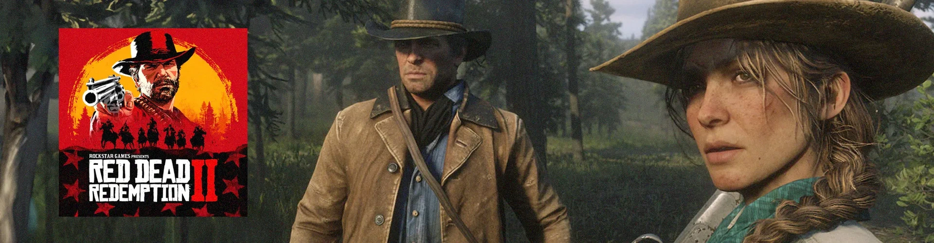 Capa de Red Dead Redemption 2 à esquerda e imagem do jogo ao fundo