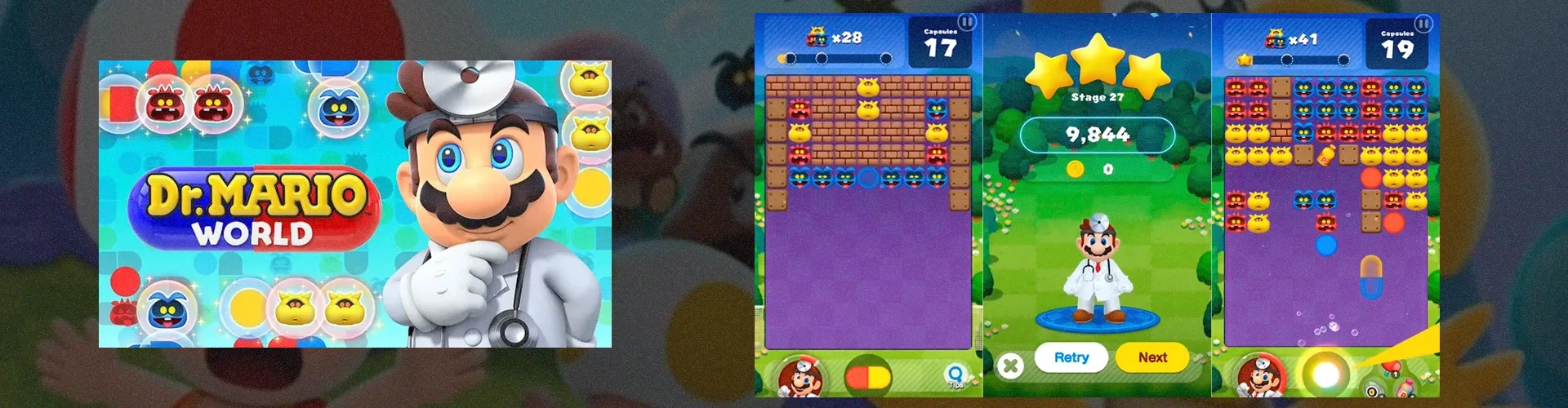 Imagem de capa de Dr. Mario World à esquerda, com imagens do jogo à direita