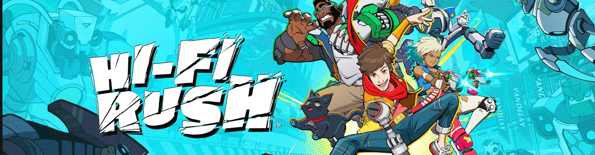 logo do jogo Hi-fi Rush à esquerda com uma colagem dos personagens do jogo à direita