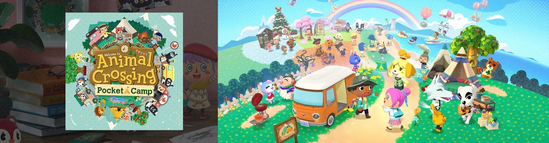 Capa do jogo Animal Crossing; Pocket Camp à direita, arte do jogo à esquerda