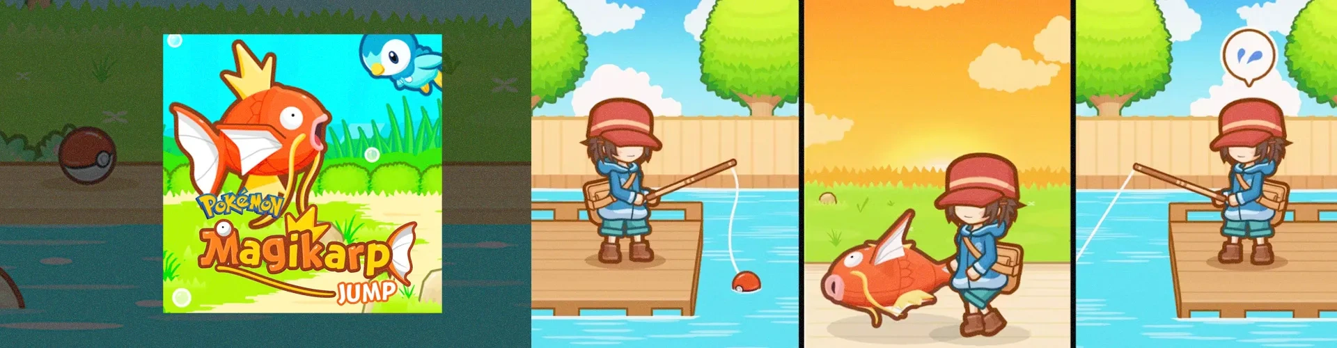 Imagem da capa do jogo Magikarp Jump à esquerda, com imagens do jogo à direita