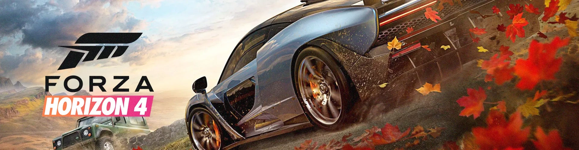 Logo do jogo Forza Horizon à esquerda, com a imagem de dois carros em uma via, durante o outono, mostrando folhas de árvores caindo