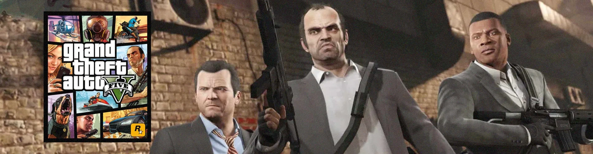 Capa de GTA V à esquerda e imagem do jogo ao fundo