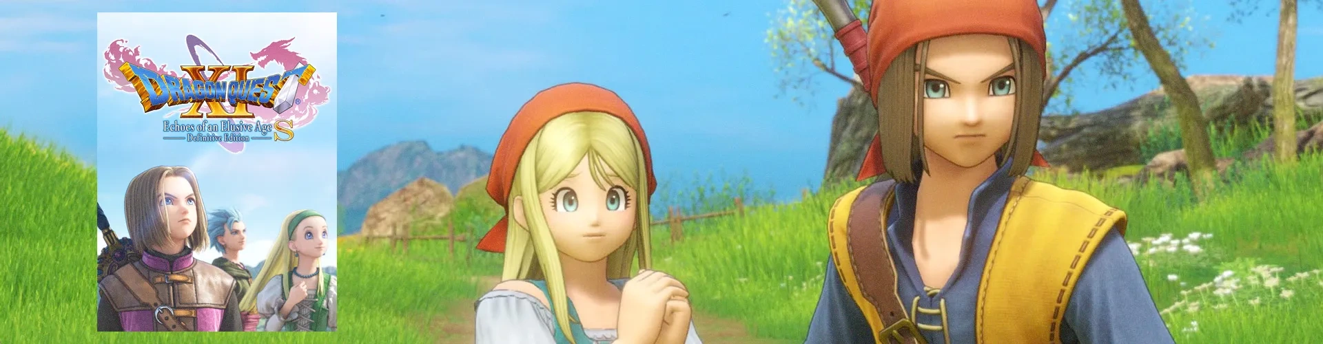 Capa de Dragon Quest XI S: Echoes of an Elusive Age - Definitive Edition à esquerda e imagem do jogo ao fundo