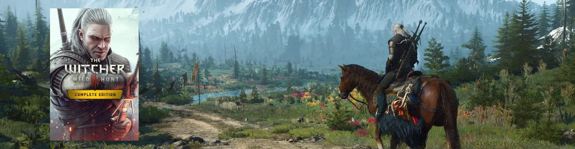 Capa de The Witcher 3: Wild Hunt à esquerda e imagem do jogo ao fundo