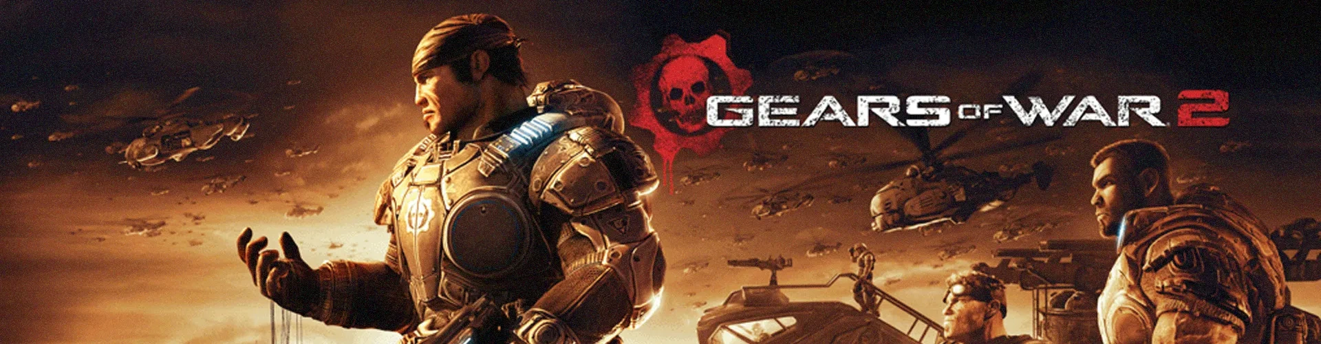 Um banner mostrando alguns personagens do jogo Gears of War 2 e seu logo