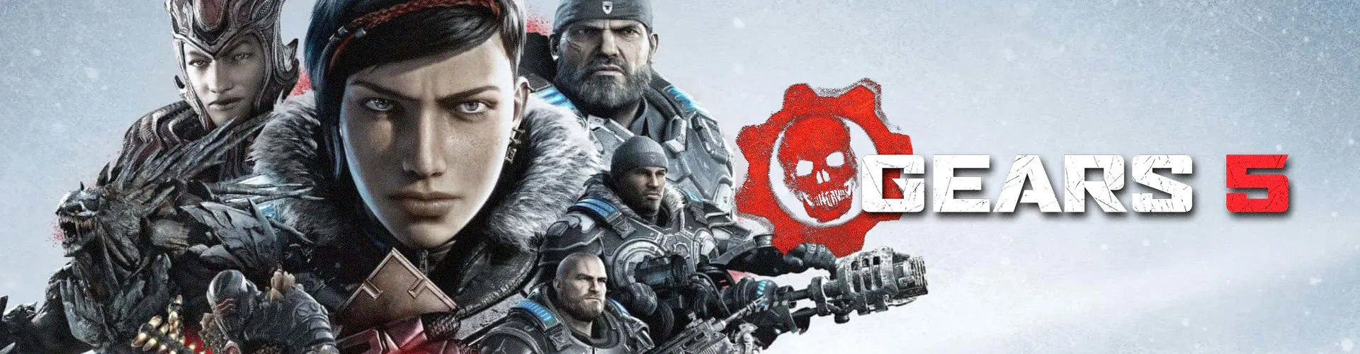 Imagem mostrando uma colagem vários personagens do jogo Gears 5 à esquerda, e o logo do jogo à direita