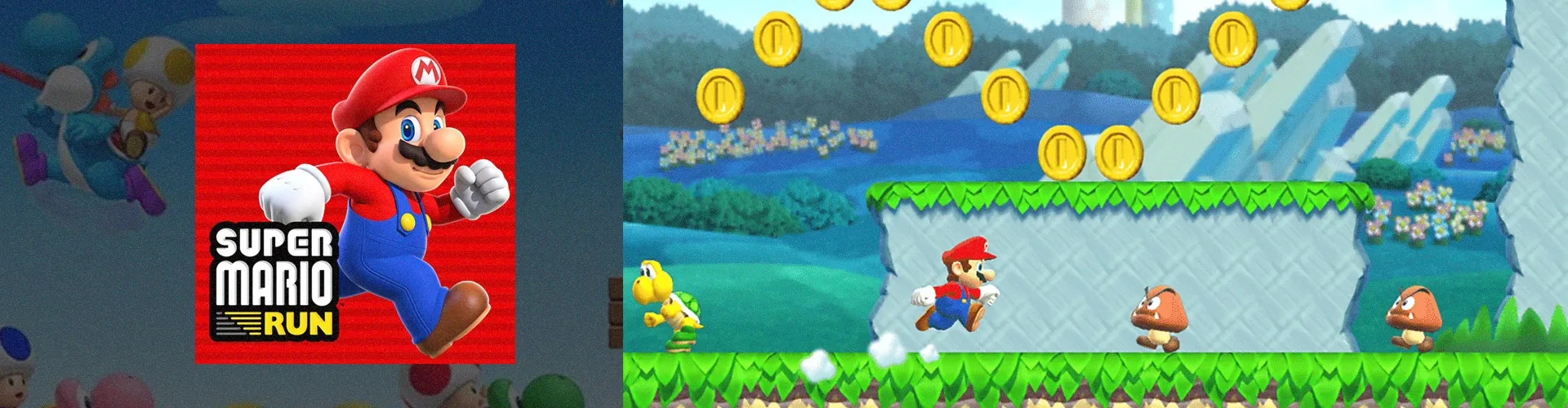 Capa de Super Mario Run à esquerda, com imagens do jogo à direita