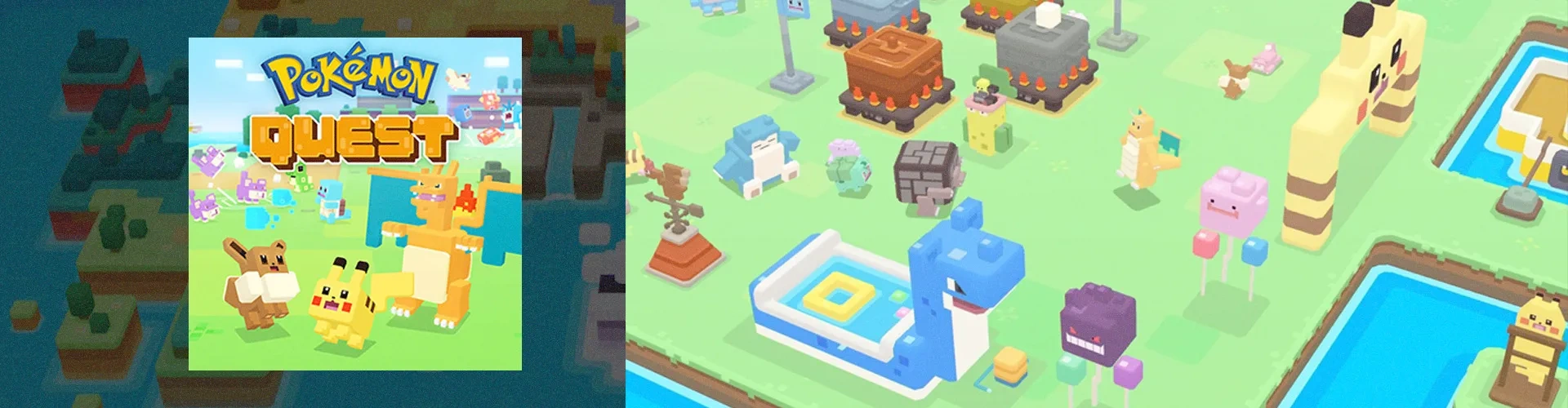 Capa de Pokémon Quest à esquerda, imagem do jogo à direita