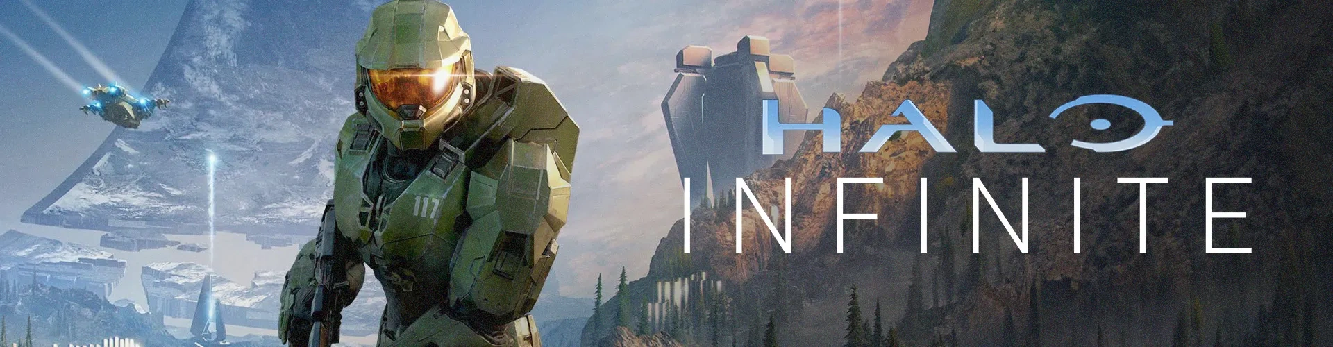 Imagem destacando o personagem Master Chief de Halo Infinite à esquerda, e o logo do jogo à direita