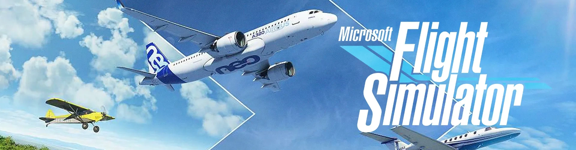 Imagem de três aviões voando, e o logo do jogo Microsoft Flight Simulator à direita