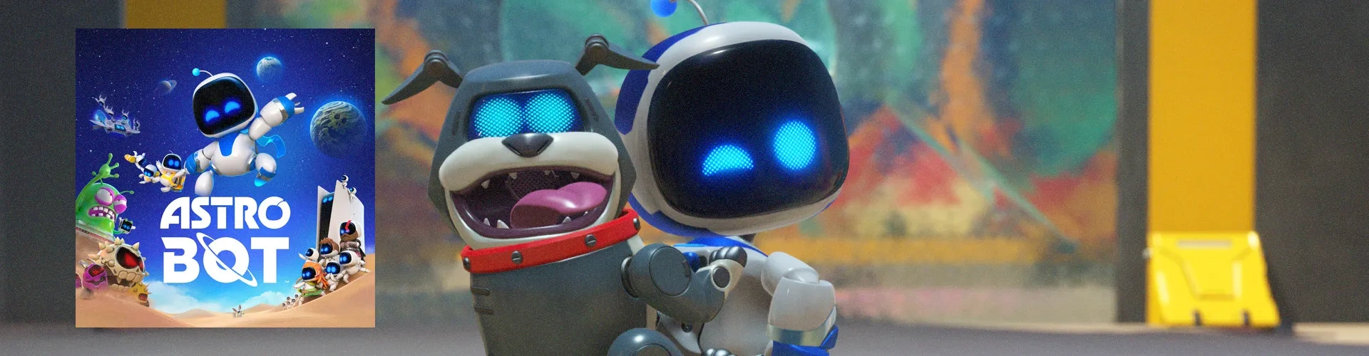 Capa de Astro Bot à esquerda e imagem do jogo ao fundo