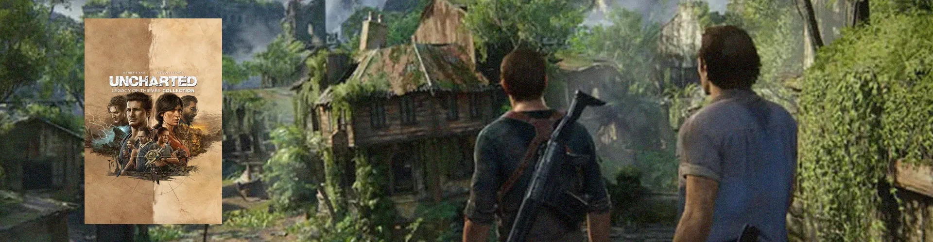 Capa de Uncharted : Legacy of Thieves Collection à esquerda e imagem do jogo ao fundo