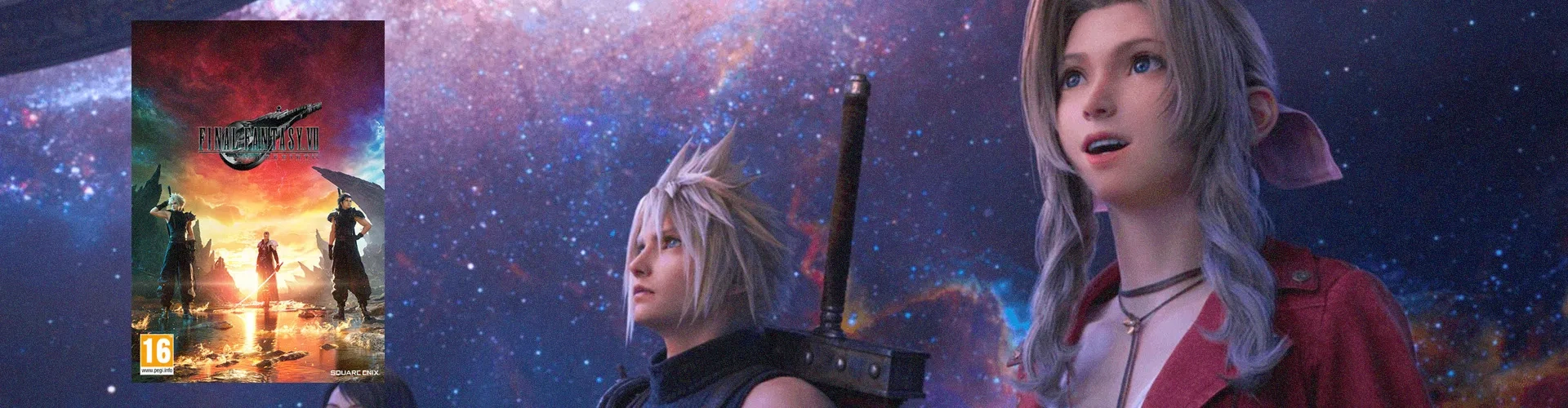 Capa de Final Fantasy VII Rebirth à esquerda, e imagem de Cloud e Aerith à direita