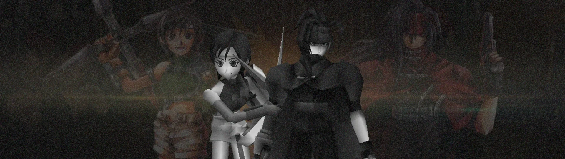 Imagem dos personagens Yuffie e Vincent em 3D do Final Fantasy 7, com as artes meio transparentes ao fundo