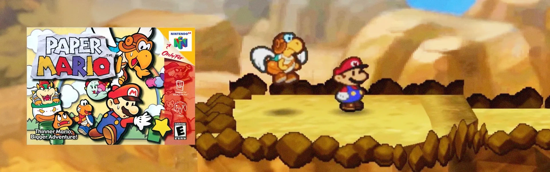 Capa de Paper Mario à esquerda, com captura do jogo no plano de fundo, mostrando o Mario e um Koopa voador