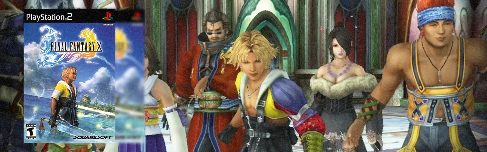 Capa de Final Fantasy 10 à esquerda, Com uma captura dos protagonistas do jogo ao fundo, incluindo Lulu, Tidus, Aaron, Wakka e Yuna.