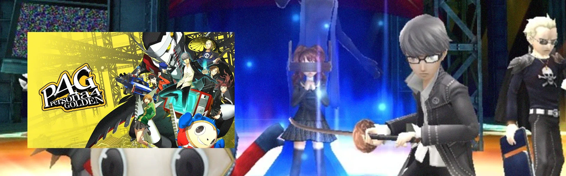 Capa do Persona 4 Golden à esquerda e uma captura do jogo com Rise Kujikawa e o protagonista no plano de fundo 