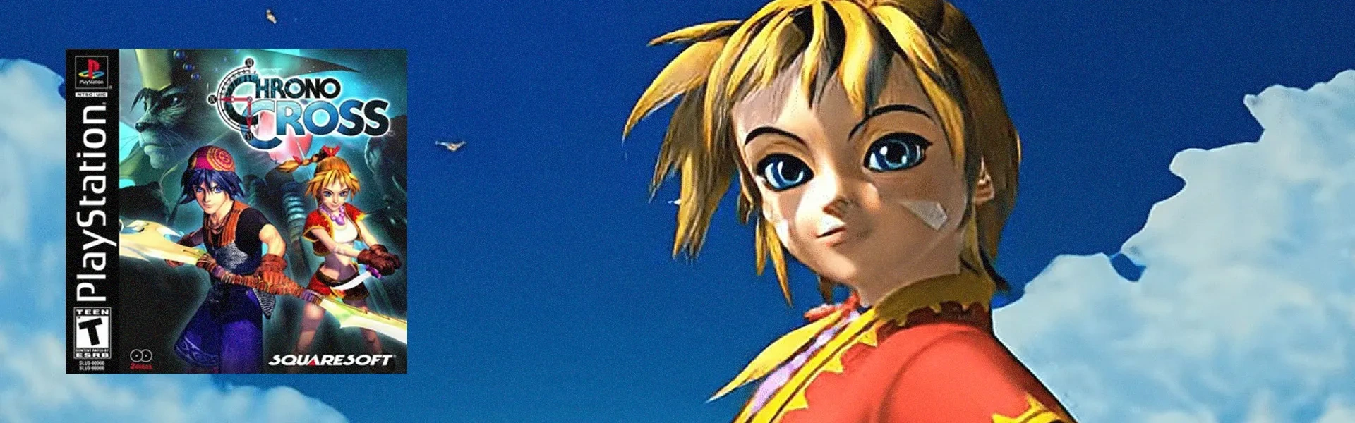 Capa do Chrono Cross à esquerda, com a protagonista Kid ao fundo