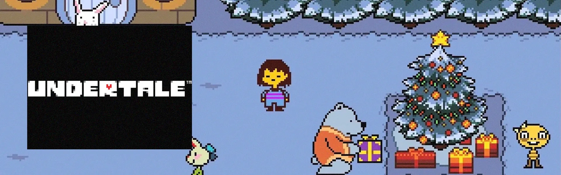 Capa de Undertale à esquerda, com uma captura mostrando o protagonista em uma das cidades do jogo