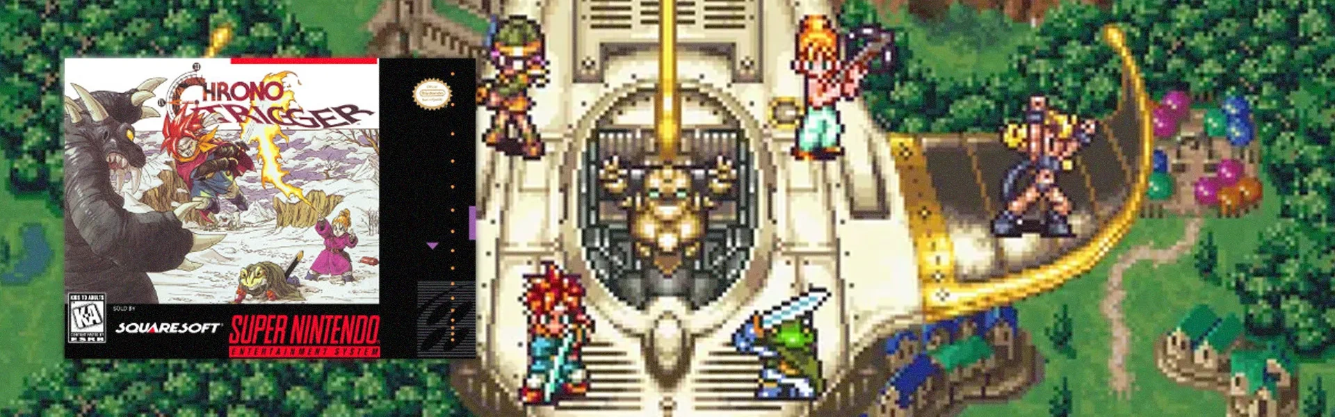 Capa do jogo Chrono Trigger à esquerda, com a equipe dos protagonistas do jogo, Crono, Marle,  Lucca, Robo, Frog e Ayla sob uma nave, no plano de fundo.