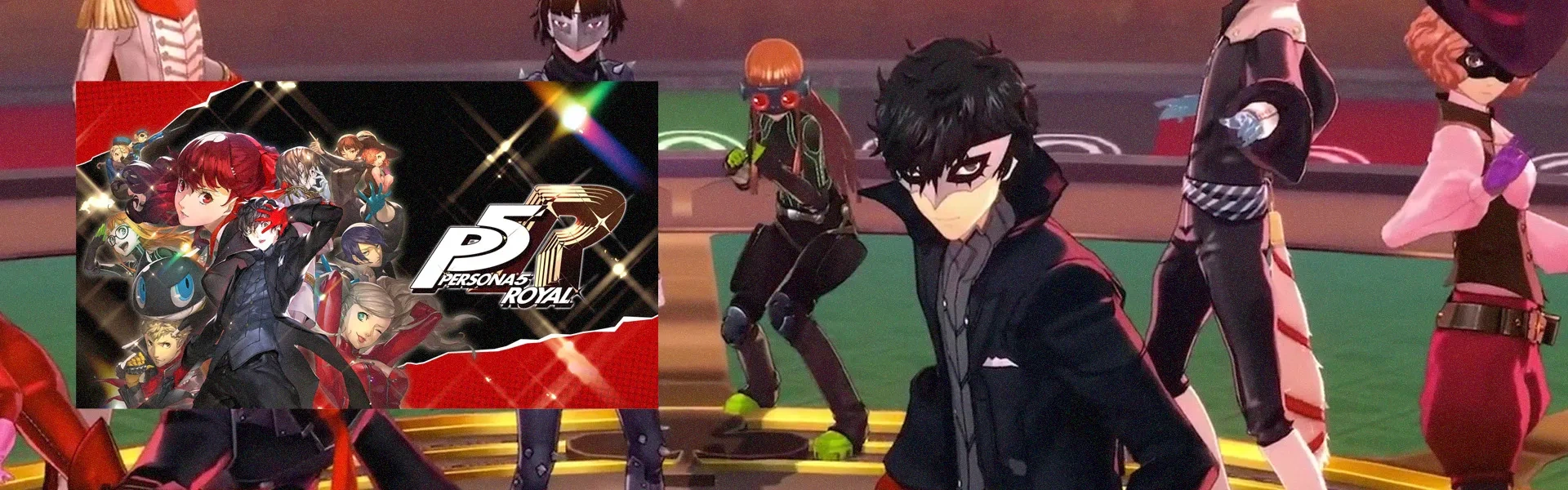 Capa do jogo Persona 5 à esquerda e captura do jogo no fundo, mostrando os personagens principais