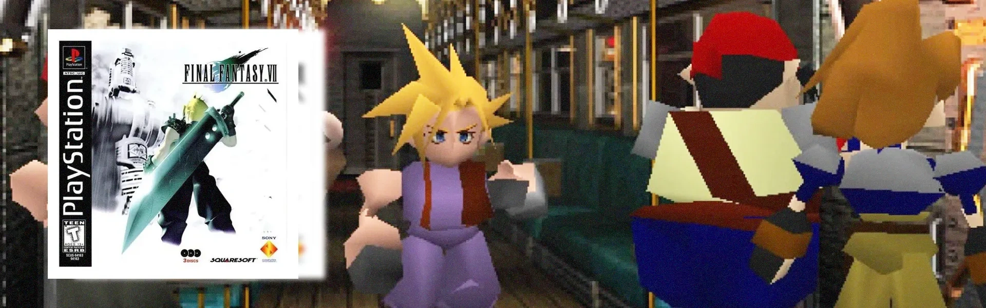 Capa do jogo Final Fantasy 7 à esquerda, e o fundo num cenário de trem com o protagonista Cloud e personagens secundários no plano de fundo