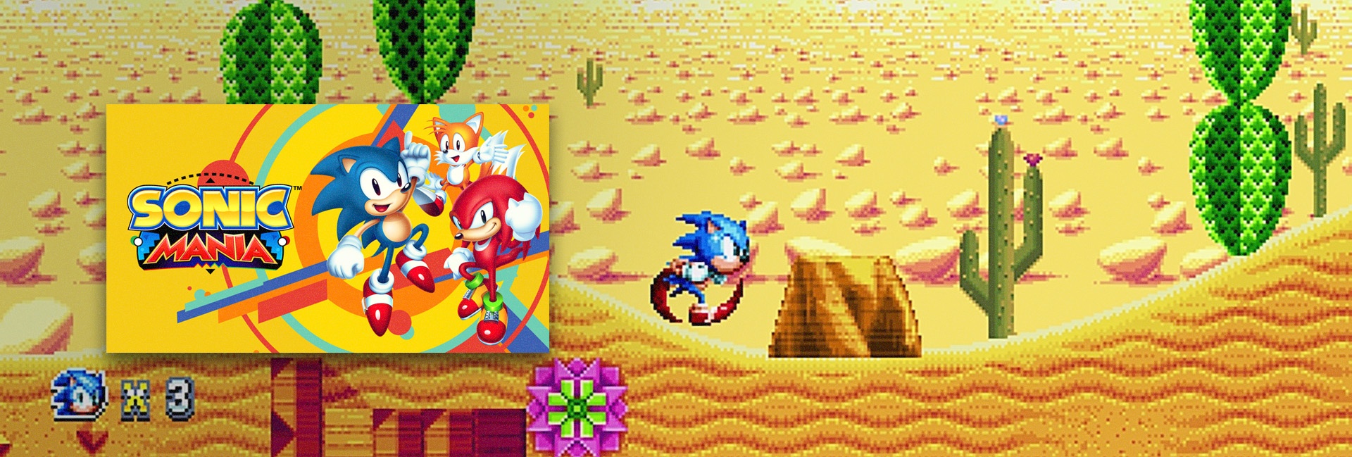 Capa do Jogo Sonic Mania à esquerda e captura de imagem do jogo ao fundo