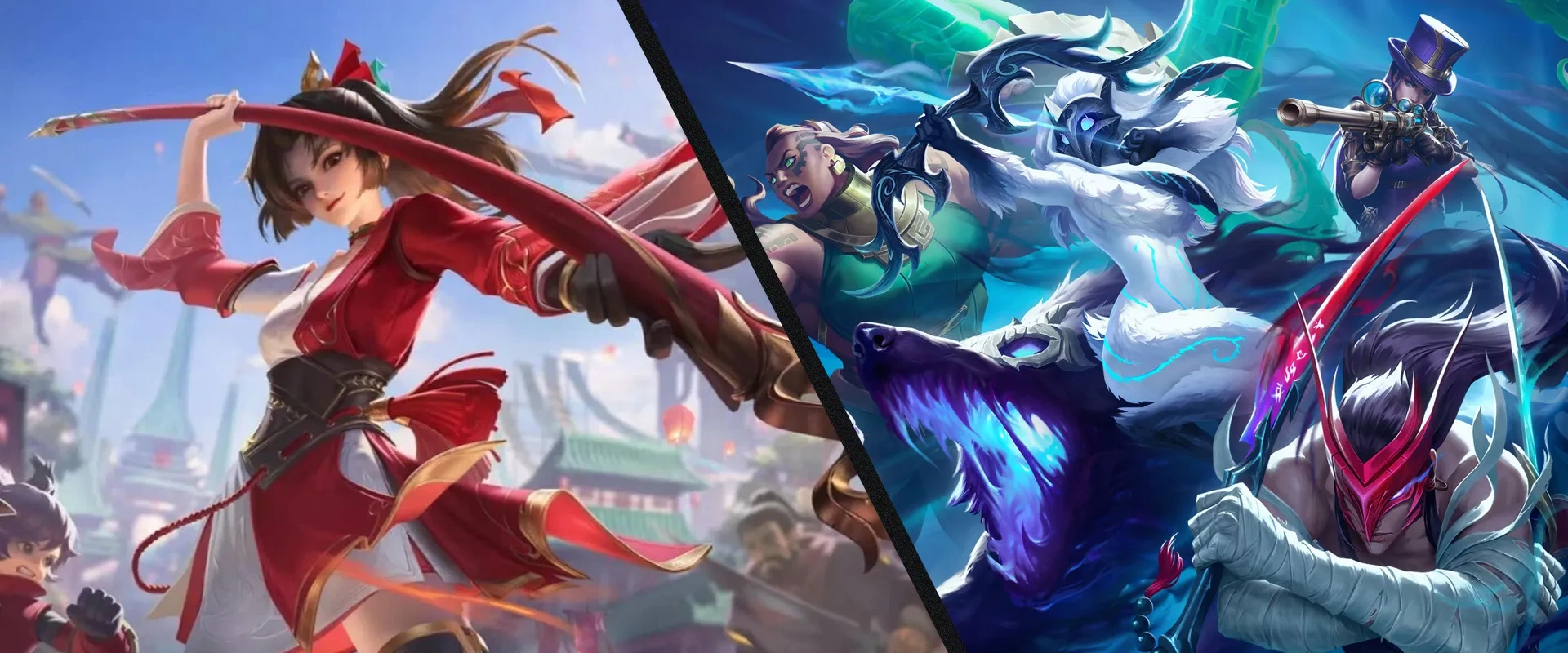 À esquerda uma arte de um personagem de Honor of Kings e á direita Arte de diversos personagens de League of Legends