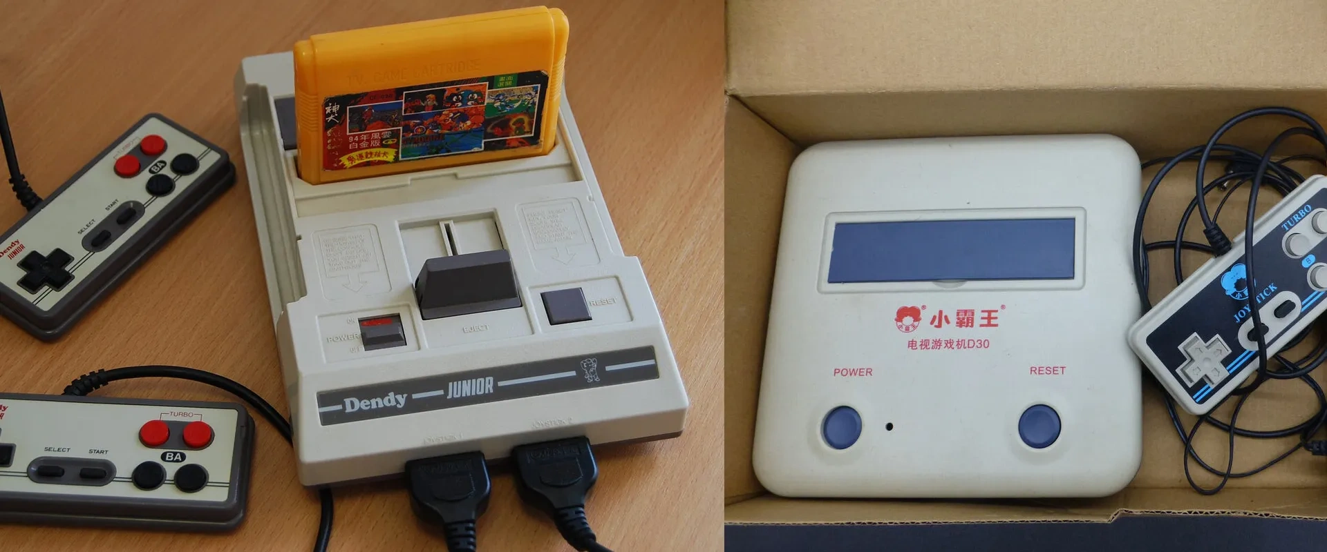 Imagem de dois consoles clones do Famicom feitos na china