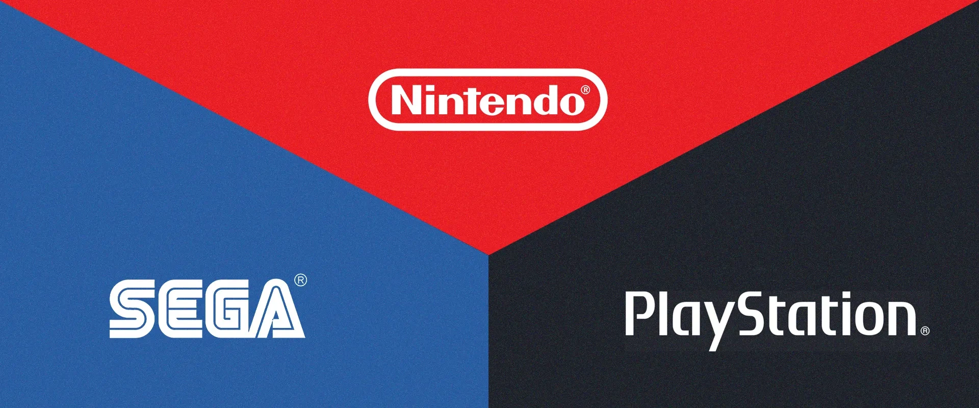 uma imagem dividida em três, em sentido anti horário: SEGA em azul, Playstation em preto e Nintendo em vermelho