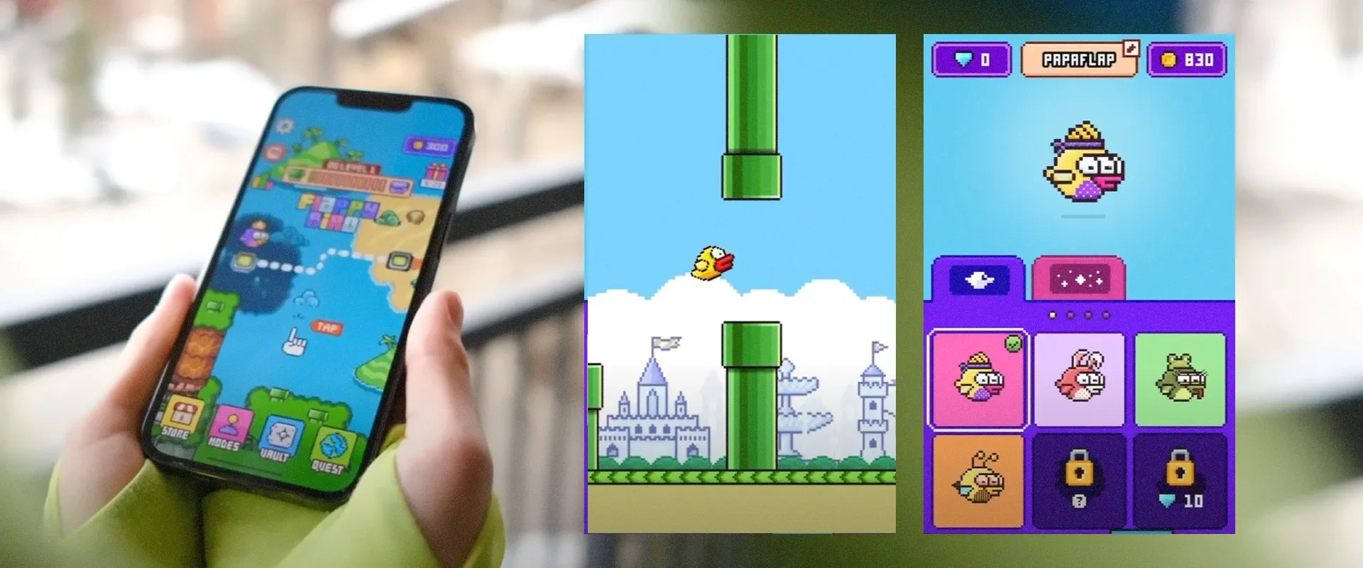 Imagem de uma pessoa segurando um smartphone enquanto joga a nova versão de flappy bird à esquerda, e capturas do jogo à esquerda, mostrando diferentes estágios e personagens