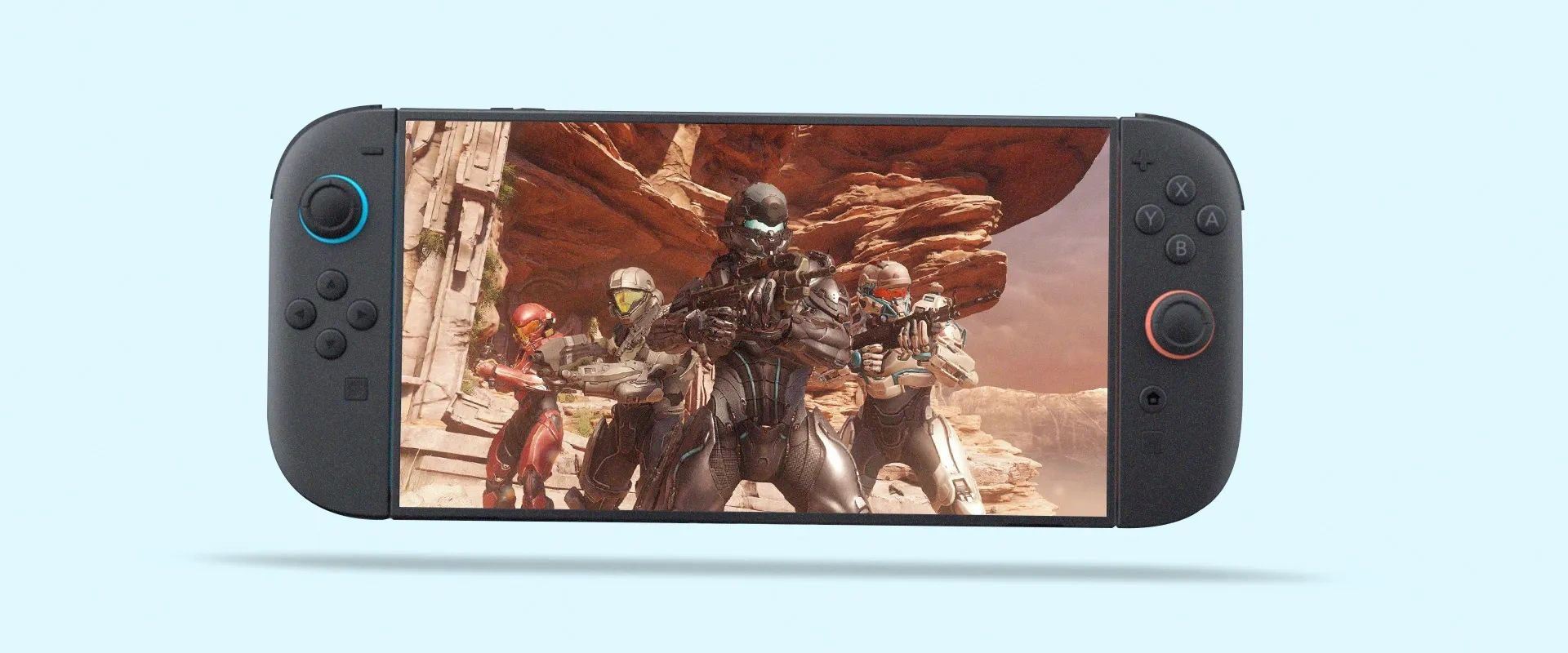 Montagem de um Switch 2 com imagens de Halo na tela