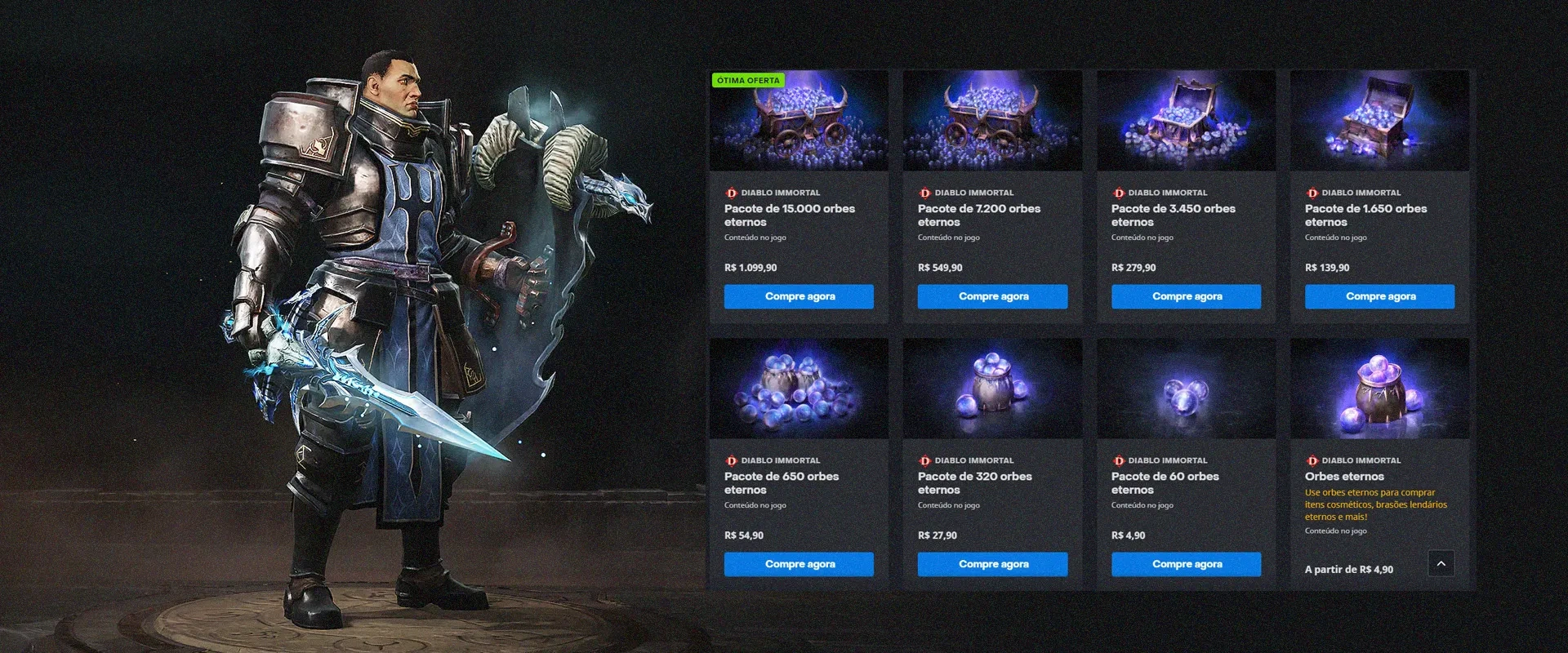 Imagem de um paladino do jogo Diablo Immortal à esquerda, e à direita os pacotes de compras com dinheiro real (microtransações) inclusas no jogo