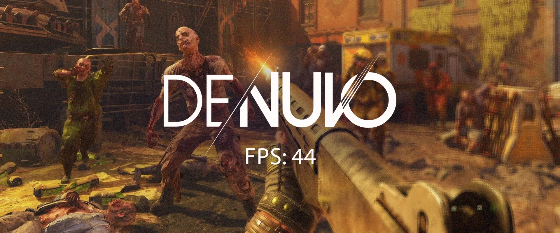 Imagem do Dying Light 2 com o logo do Denuvo e um contador de FPS em 44