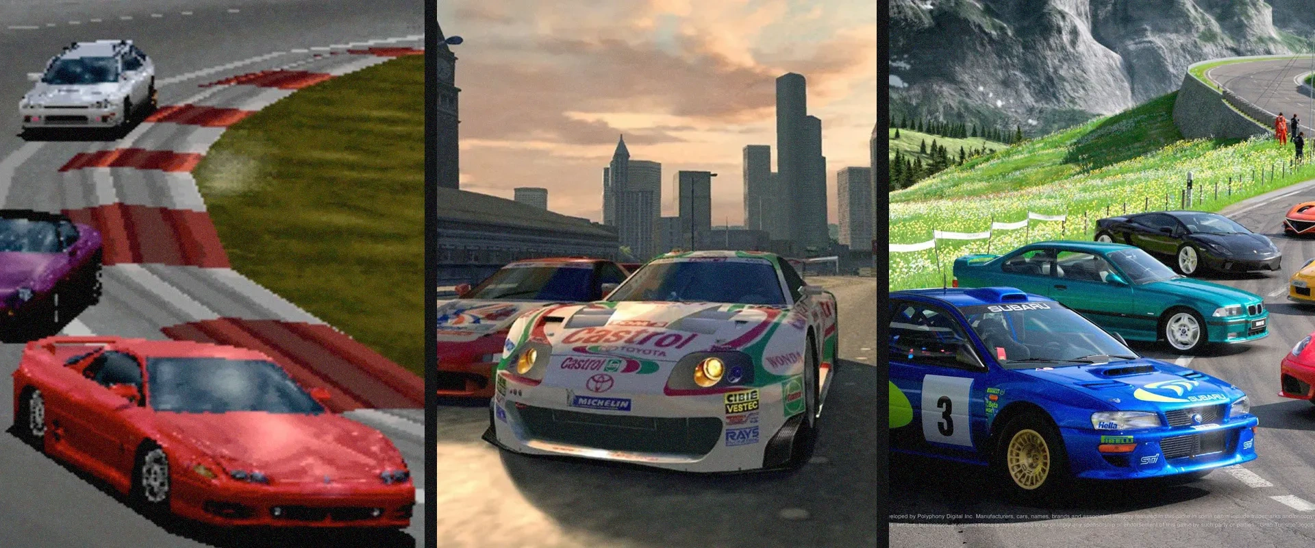 Imagem mostrando diferentes gerações de jogos Gran Turismo