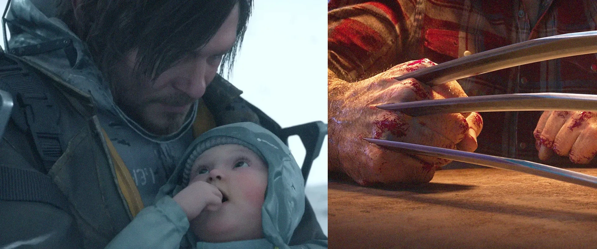 Imagem de Death Stranding à esquerda e do trailer de Marvel's Wolverine