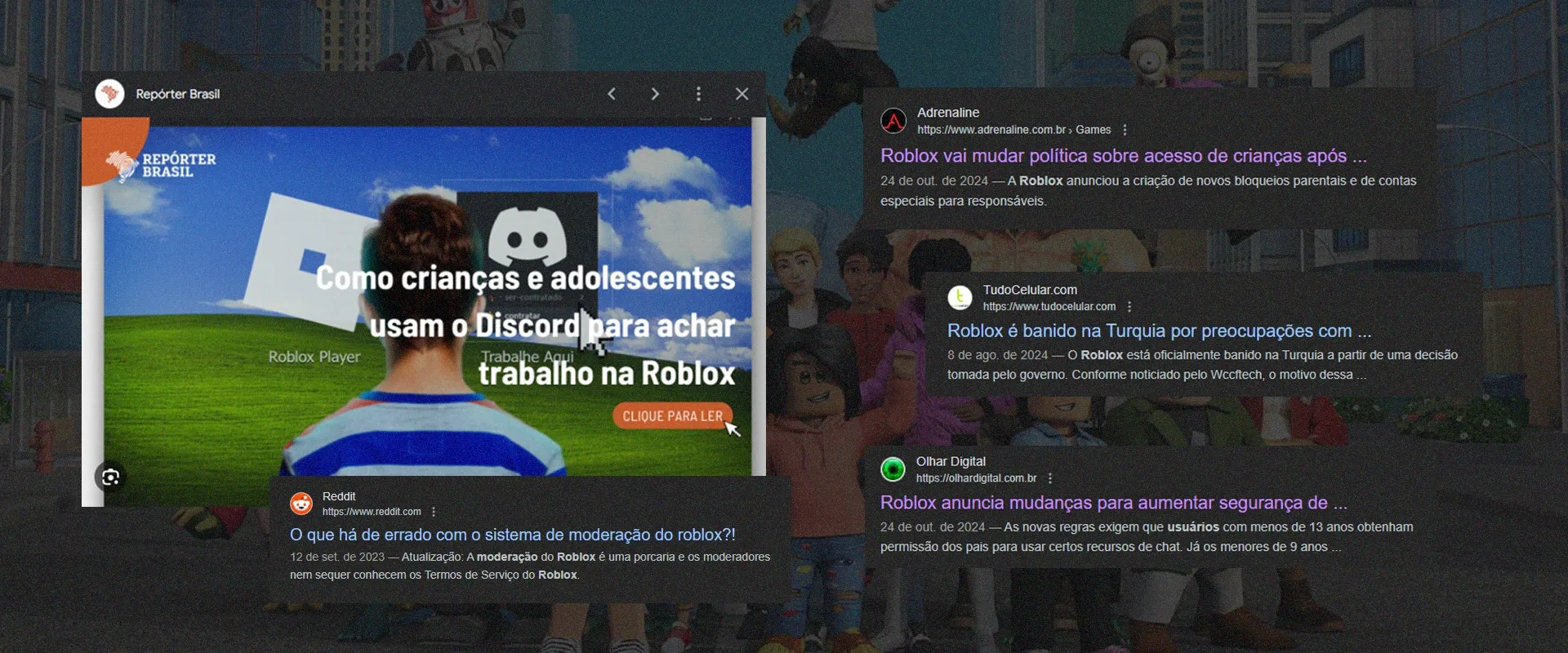 Uma matéria falando sobre o Roblox à esquerda, com várias outros títulos de reportagens sobre problemas que o Roblox e os perigos que podem surgir na plataforma à direita