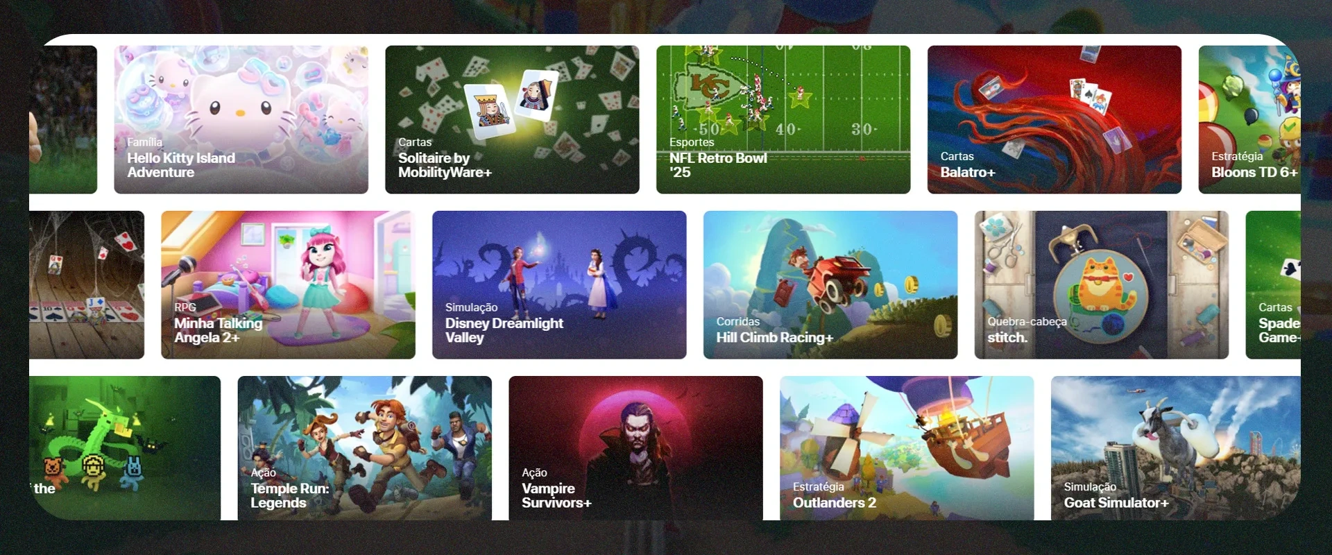 Captura da tela de jogos disponíveis no Apple Arcade, com uma diversidade de opções para escolha, incluindo jogos como Vampire Survivors+, Balatro+, Outlanders 2 e muitos outros