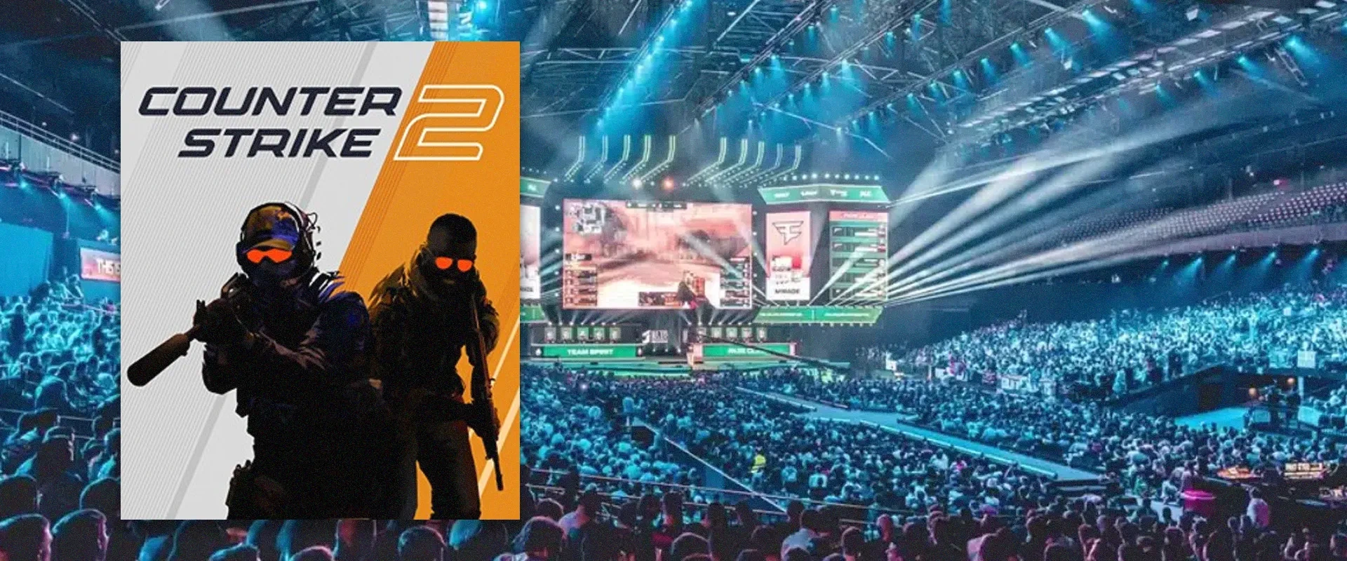 Casa de Counter-Strike 2 à esquerda e ao fundo um evento de ESports em uma arena