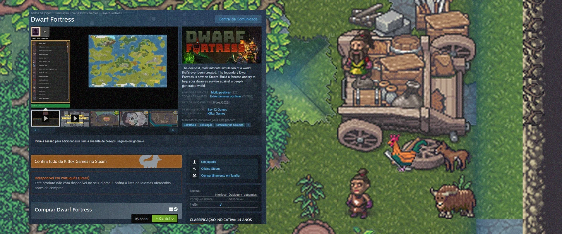 Imagem da página da Steam à esquerda e ao fundo imagem do jogo na versão da Steam