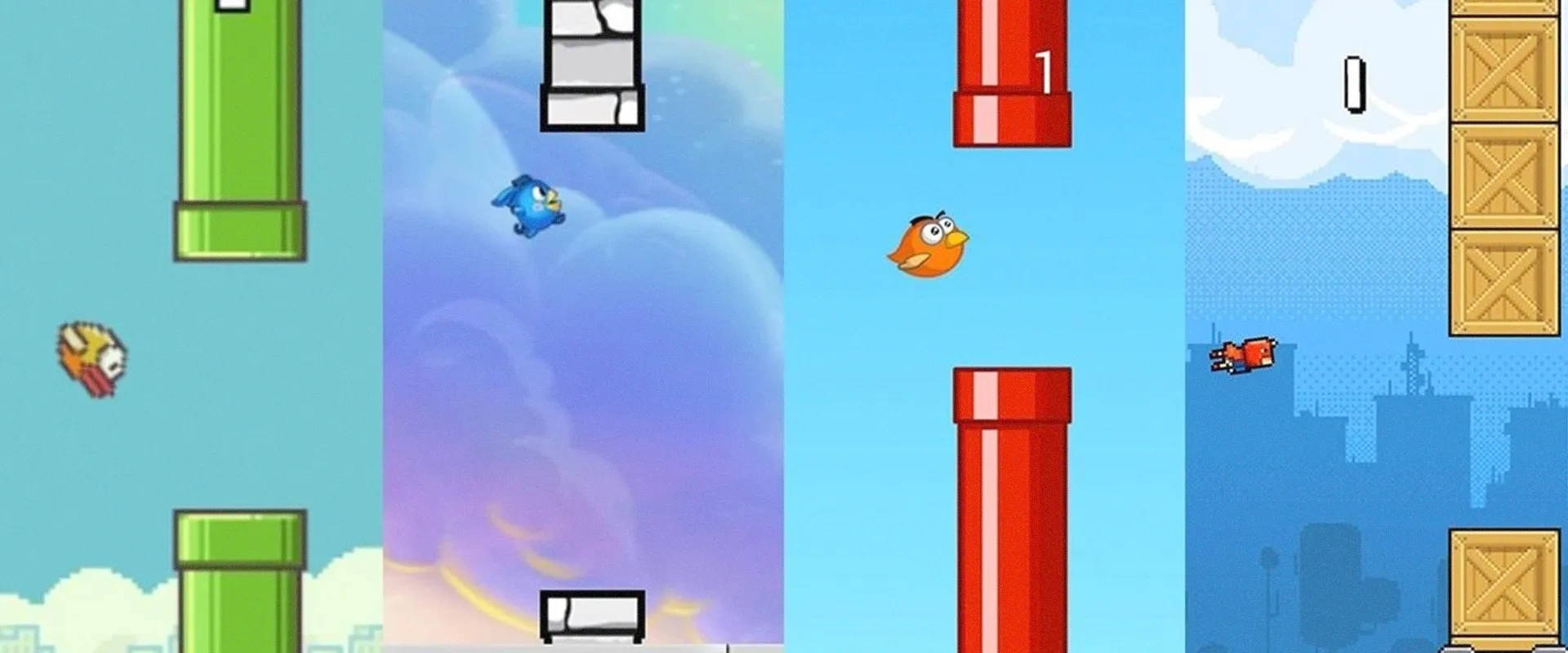 Da esquerda para a direita várias versões de Flappy Bird, feito por terceiros, tentando recriar o sucesso original