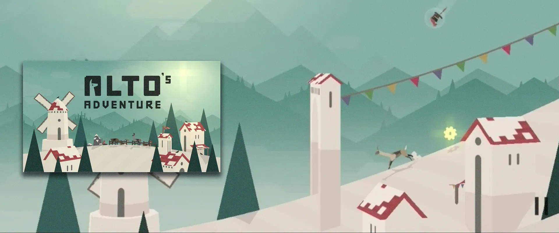 Capa do jogo Alto's Adventure à esquerda e imagem do jogo ao fundo