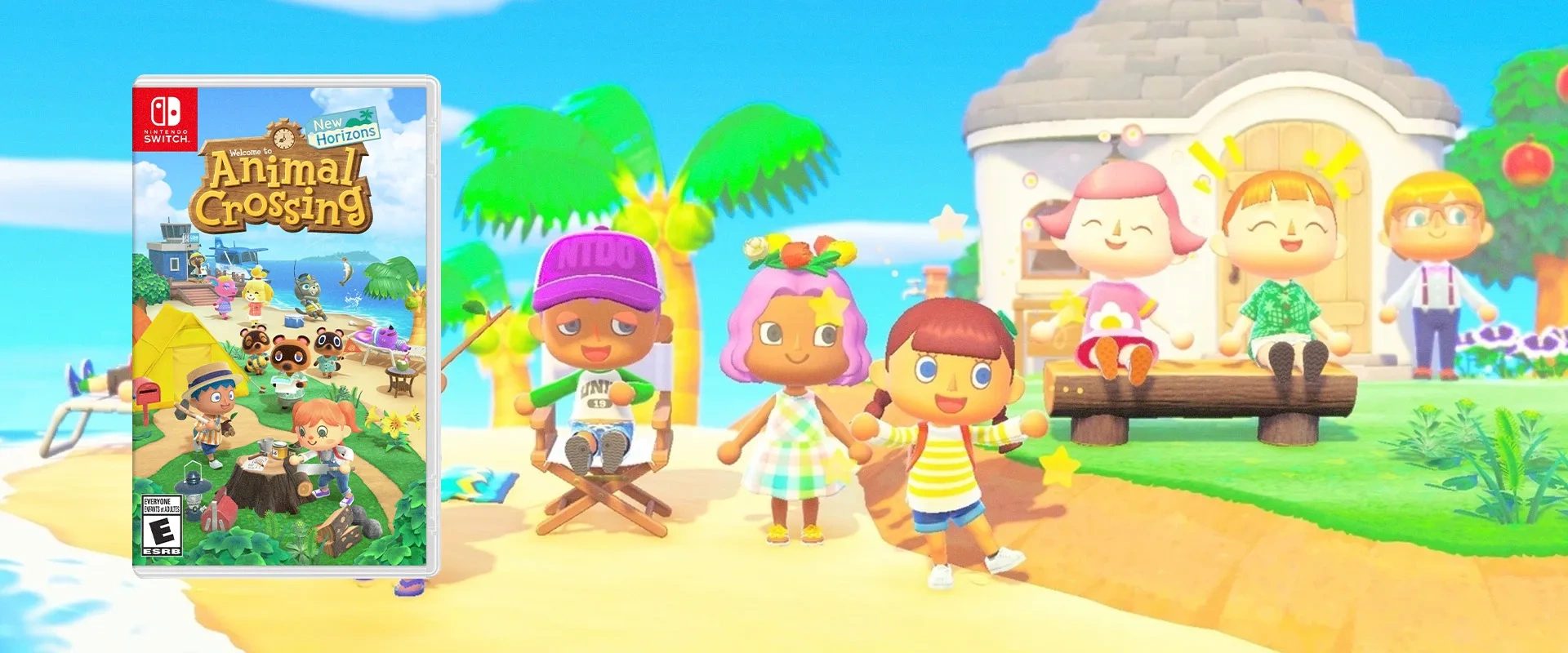 Capa de Animal Crossing : New Horizons físico à esquerda, e imagem do jogo ao fundo