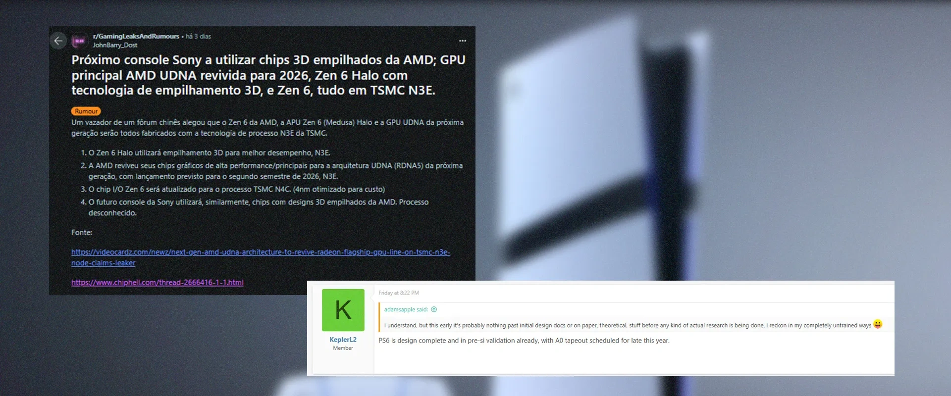 Captura de tela do tópico do Reddit sobre os vazamentos da AMD à esquerda, e a resposta ao tópico do forum NeoGAF por KeplerL2